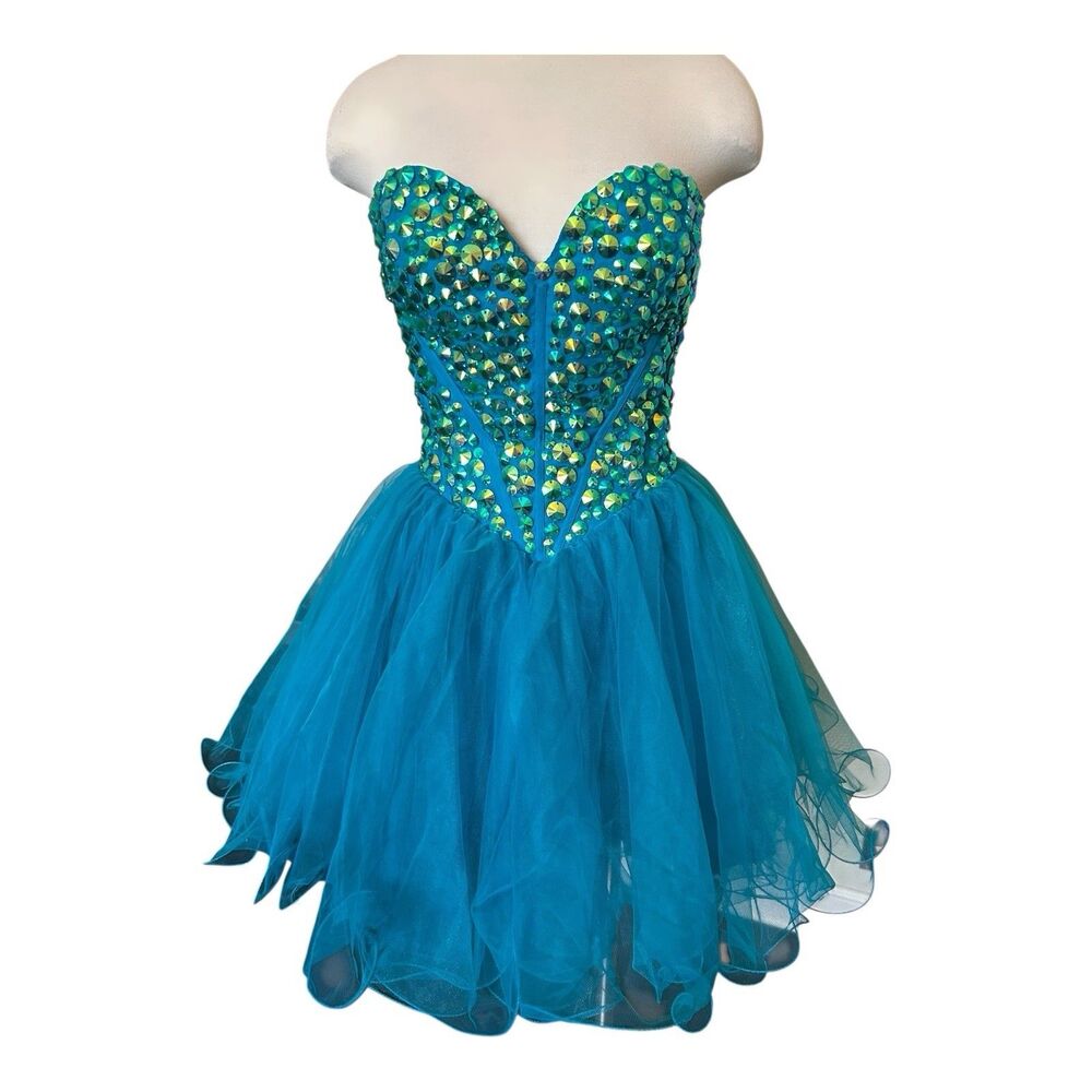 Sherri Hill Rhinestone Short Aquamarine Teal Formal Tulle Dress Strapless 14